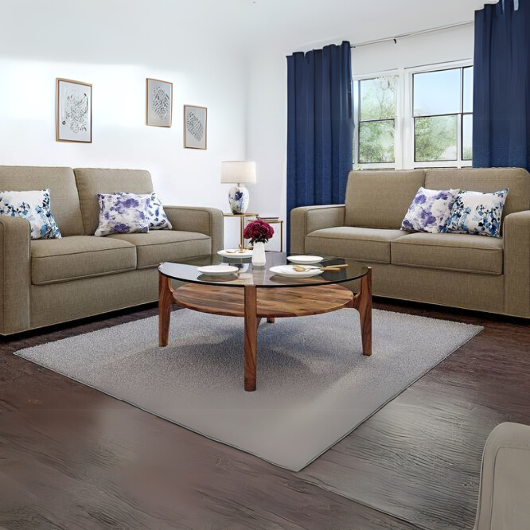 Veego Glass Top Round Coffee Table In Sheesham Wood