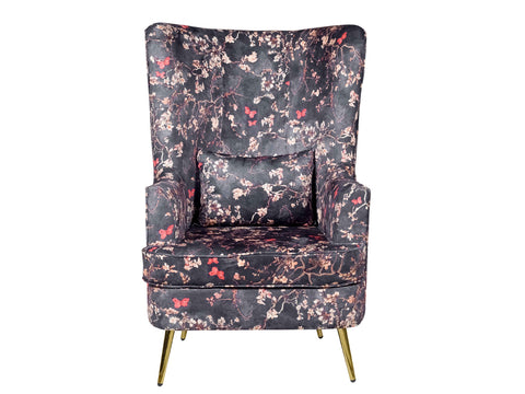 Titus Beauty High Back Wing Chair Premium Suede Floral Fabric